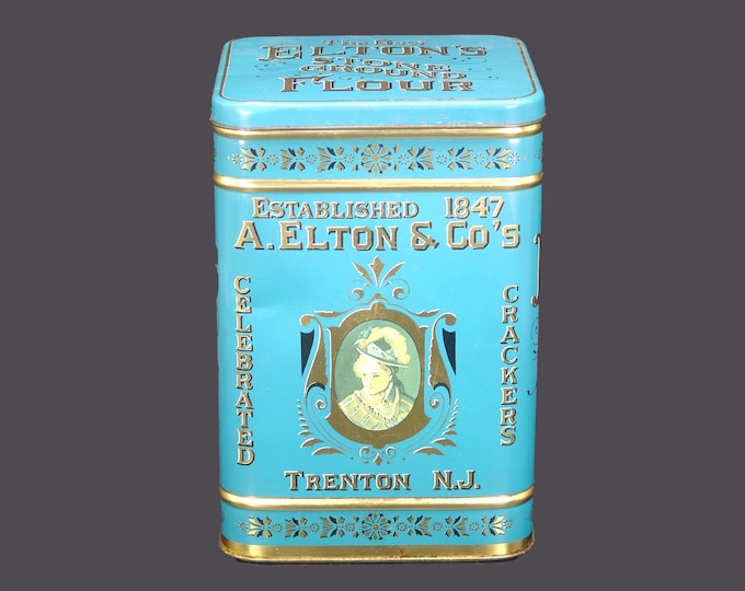 The Best Elton's Stone Ground Flour reproduction tin with hinged lid made in England by Case for Harry's Grocery in New York.