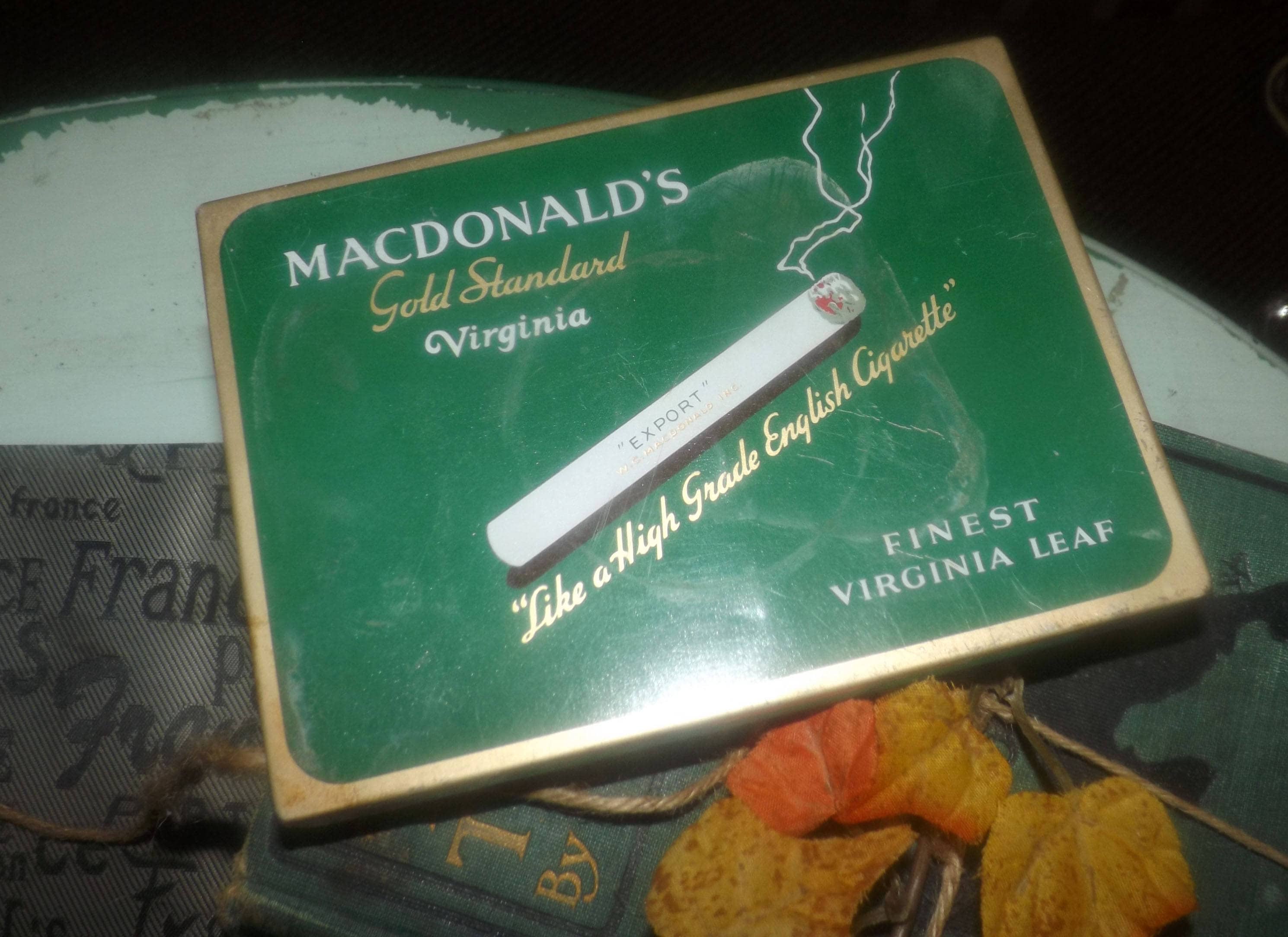 Vintage (1960s) MacDonald's Gold Standard Virginia Cigarettes hingedlid tin. W.C. MacDonald