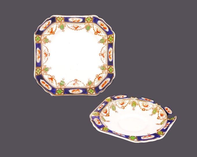 Antique Thomas Hughes & Son Imperial Derby square bread plate and orphan saucer made in England. Flaw (see below).