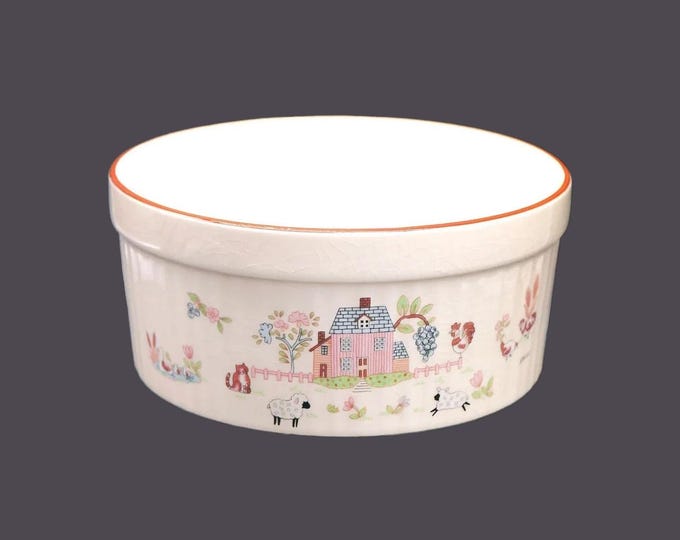 Vintage Jamestown Country Home stoneware soufflé dish made Japan. Folk art motif.