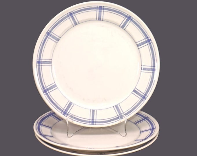 Three Eaton Home large dinner plates. Blue-and-white checks. Flaws (see below).