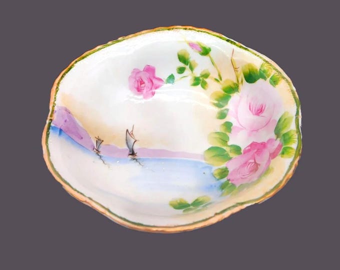 Antique Nippon | hand-painted Nippon rice serving bowl. Water and shore scene with sailboats, bursts of pink roses gold edge.