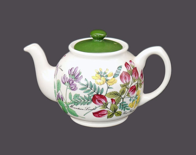 Sadler four-cup teapot with lid made in England. Colorful herbs, herb names, green lid. Minor flaw (see below).
