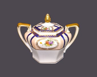 Antique Noritake Morimura hand-painted Nippon cobalt and gold covered, double-handled sugar bowl. Multicolor flowers, gold leaves.