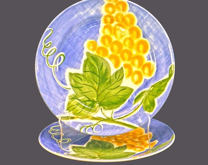 Pair of Eaton Home large dinner plates. Fruit toile golden grapes, greenery on blue.
