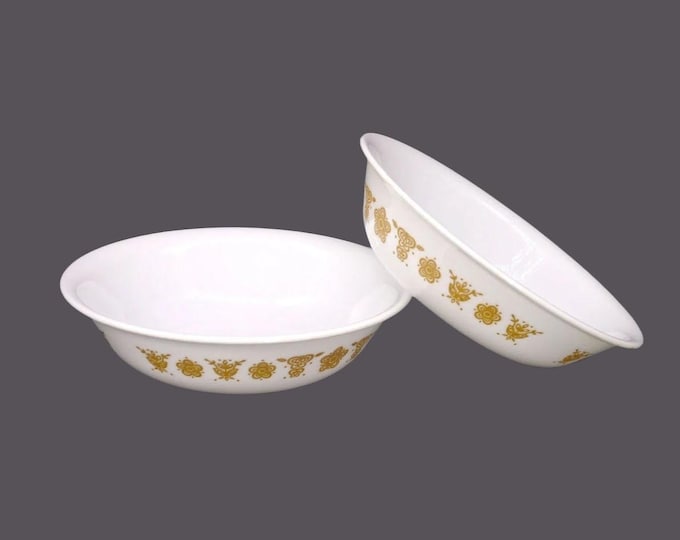 Pair of Corelle Butterfly Gold fruit nappies, dessert, sauce, berry bowls. Vintage Corningware made in the USA.