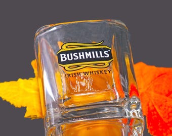 Vintage Bushmills Irish Whisky old-fashioned glass. Etched-glass branding.