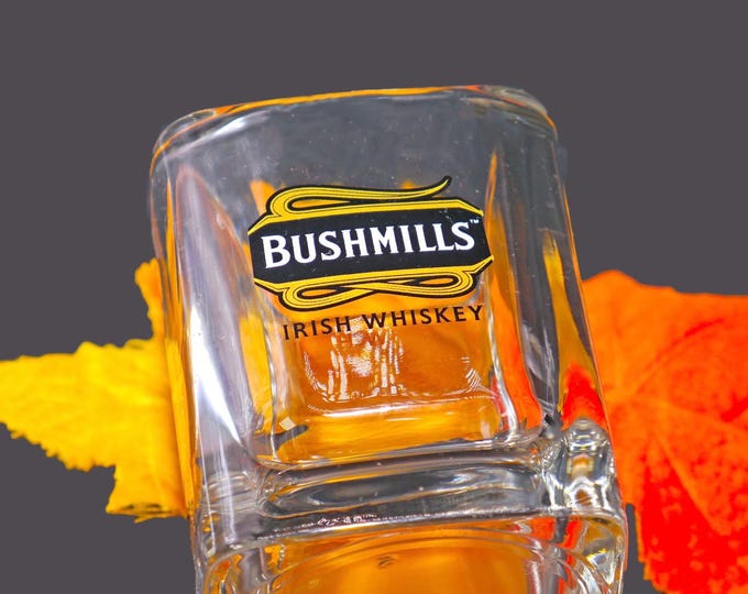 Bushmills Irish Whisky old-fashioned, on-the-rocks, whisky glass. Etched-glass branding.