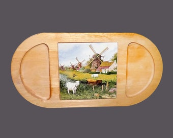 Ter Steege Delfts Holland wooden teak cheese cutting and serving board. Central Delft tile windmills goats, 2 depressions.