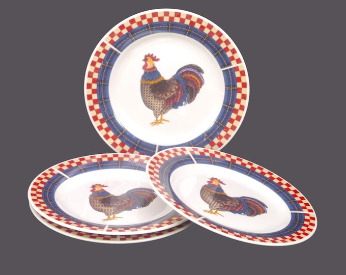 Four Oneida Calico Rooster stoneware salad plates. Central rooster, checked rims.
