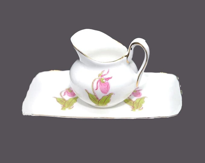 Sutherland Bone China Lady's Slipper creamer jug and under-tray set made in England. Floral emblem of PEI Canada.