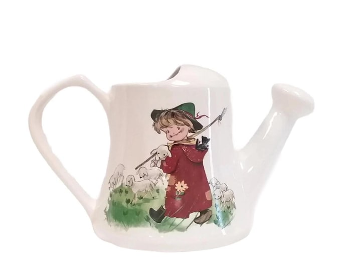 Carltonware watering can. Young boy with fishing pole, boy with duck playing horn. Made in England.