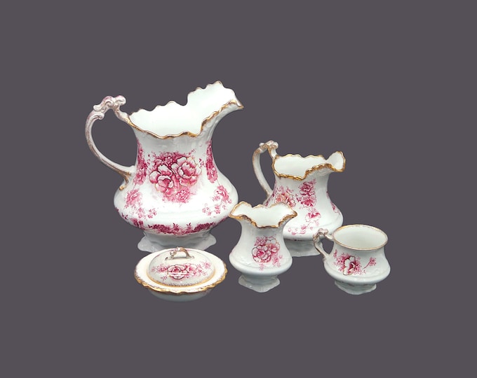 Antique Victorian lavatory set. William Adams & Co Portia. Made in England. Cranberry florals. Great antique bathroom decor.