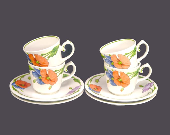 Four Villeroy & Boch Amapola cup and saucer sets made in Germany.