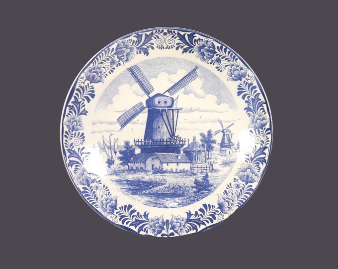 Delfts Blauw Chemkefa blue-and-white display plate. Classic windmills, sailboats. Authentic Delftware made in Holland.