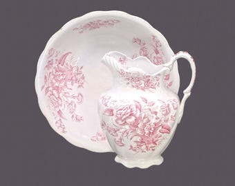Late Victorian-era W. Baker & Co. Camelia wash basin and pitcher | lavatory set. Pink transferware made in England. Flaws.
