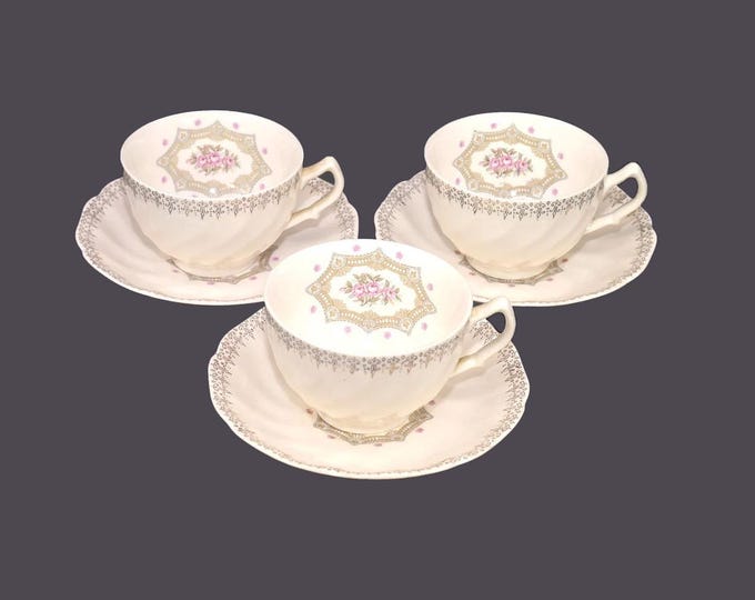 Three Sovereign Potters Fidelity cup and saucer sets. English ironstone decorated in Canada.