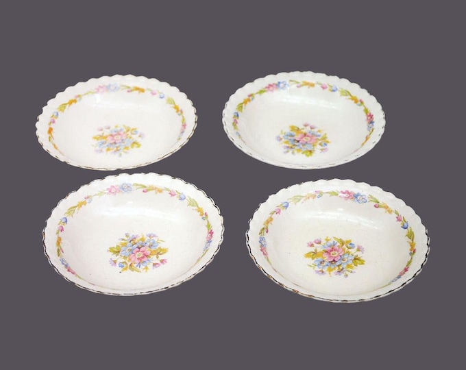 Four antique Edwardian Age J&G Meakin MEK150 fruit nappies, dessert bowls made in England. Flaws (see below).