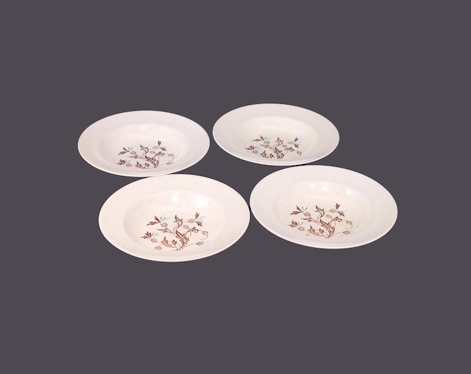 Four Myott Hemingway rimmed stoneware soup bowls. Safari Stoneware made in England. Flaw (see below).