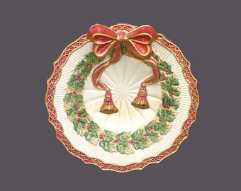 Fitz & Floyd Christmas Deer | Aegean Christmas rimmed majolica serving bowl. Christmas bells, holly, ribbons.
