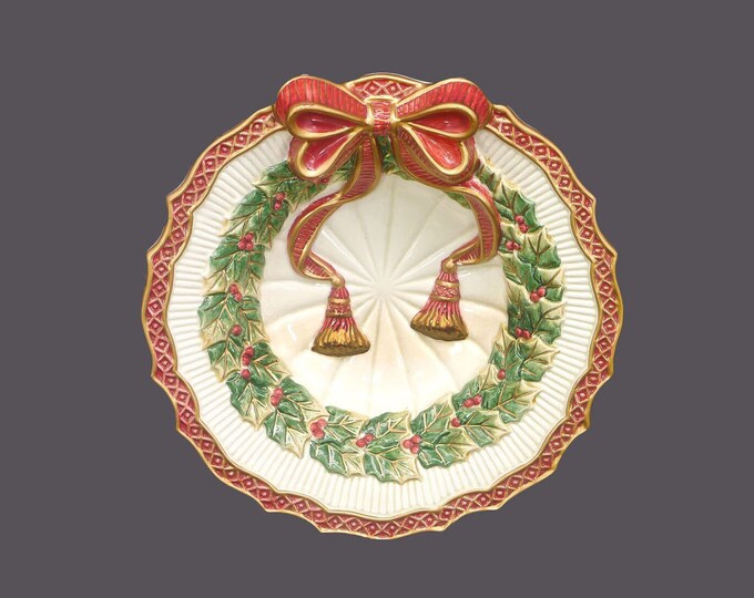 Fitz & Floyd Christmas Deer | Aegean Christmas rimmed majolica serving bowl. Christmas bells, holly, ribbons.