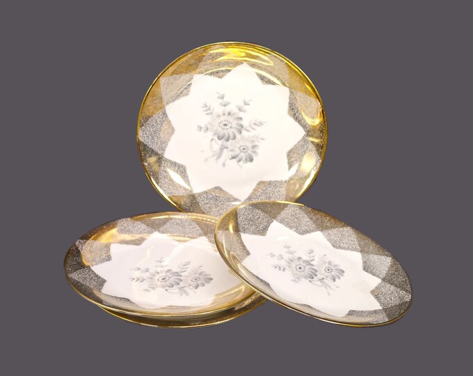 Four Rheinpfalz Hartporzellan | Winterling gold floral dessert plates made in Germany. Gray flowers, brushed gold.