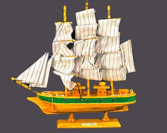 Wooden Cutty Sark sailing ship. Name plate, fabric sails, wooden base. Gift for him. Gift for dad.