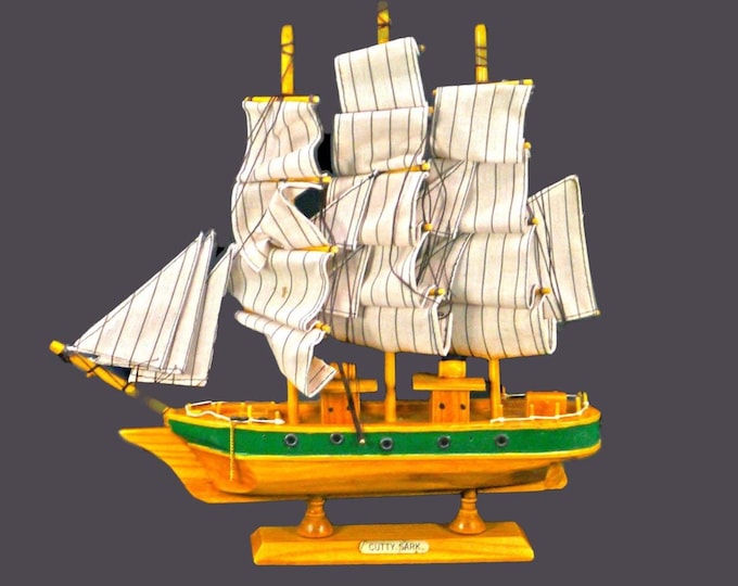 Wooden Cutty Sark sailing ship. Name plate, fabric sails, wooden base. Gift for him. Gift for dad.