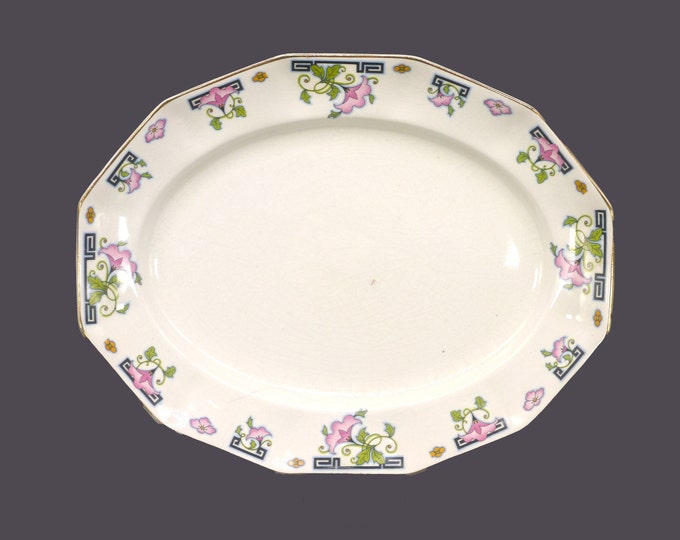 Antique Johnson Brothers JB197 multi-sided sandwich platter made in England. Pink flowers, black greek key.