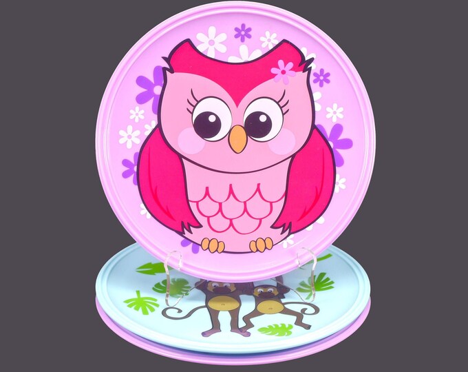 Mainstays Kid's melamine dinner plates. Purple with Owl, blue with monkeys. Set of 3.