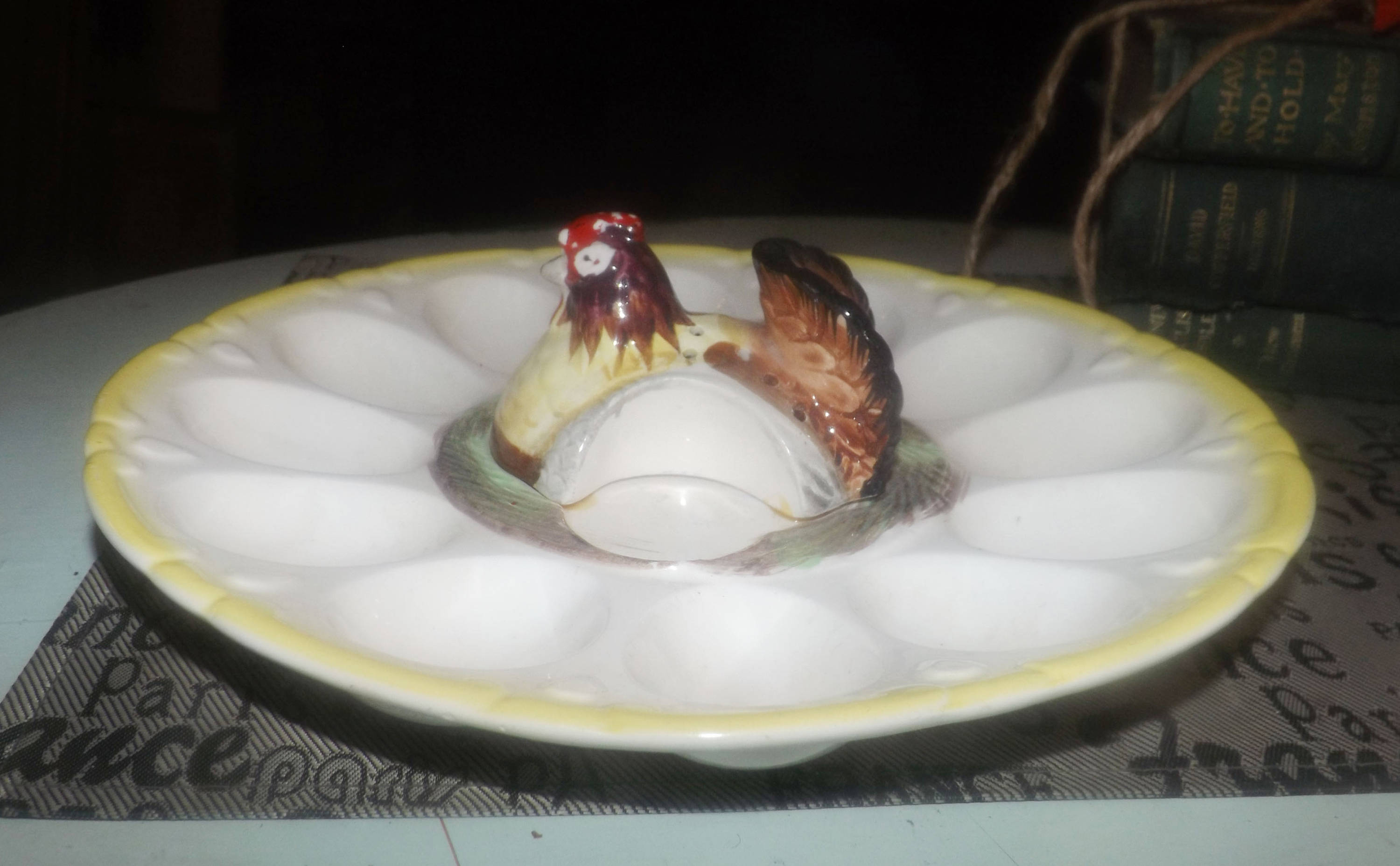 Late midcentury (1950s) Deviled Egg serving plate, hen in the center