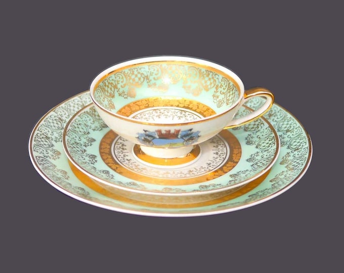 Plankenhammer Walchensee trio of wide-mouth cup and saucer set and salad plate. Walchensee crest. Made in Germany.