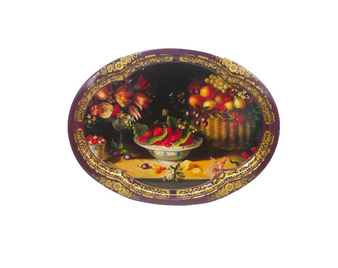 Ian Logan large toleware serving tray. Strawberries and other fruits in bowl. Artwork of Lucy Neil. Made in England.