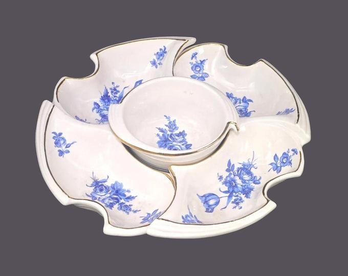 California Originals 831 | 852 blue-&-white chip n dip | nacho set made in USA. Blue roses, gold accents. Flaws (see below).