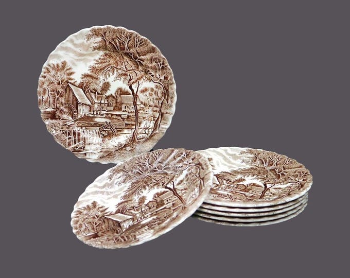 Seven Johnson Brothers Watermill Brown transferware bread plates made in England. Flaws (see below).