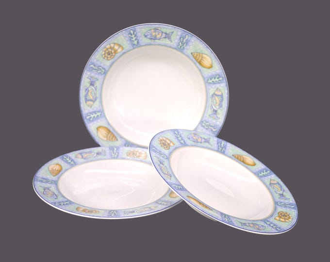 Three Studio Nova Mystic Bay Y0242 rimmed soup bowls. Fish seashells beach motif. Made in Thailand.