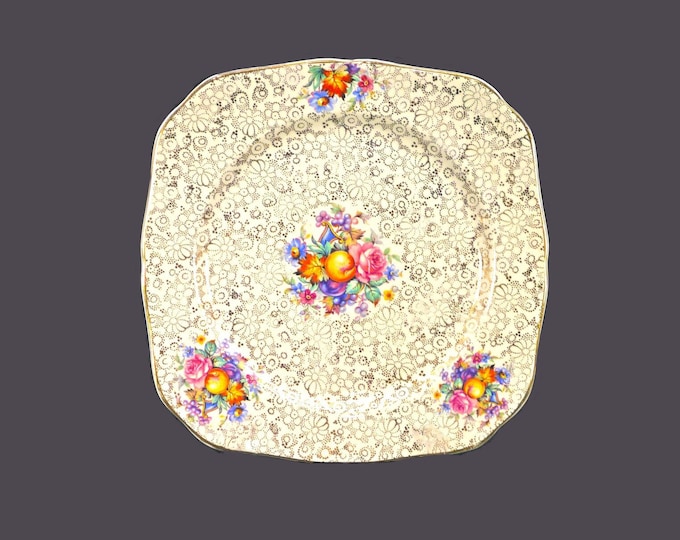 H&K Tunstall | Hollinshead Kirkham Old English Sampler HK12 gold chintz squared luncheon plate made in England.