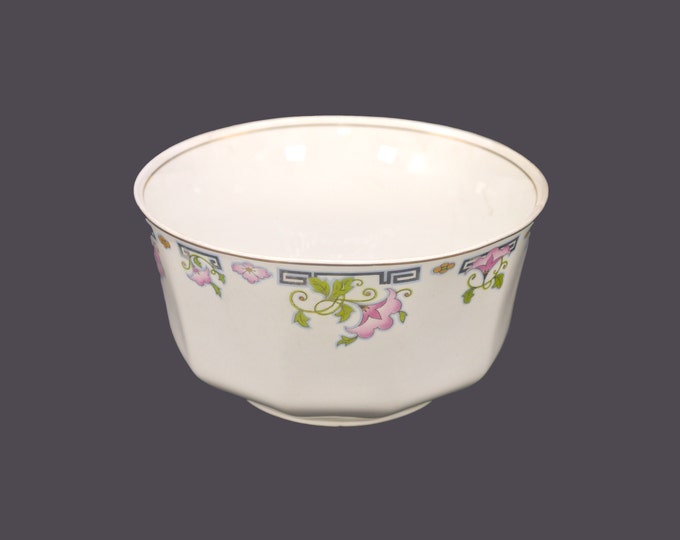 Antique Johnson Brothers JB197 multi-sided rice or stuffing serving bowl made in England. Pink flowers, black greek key.