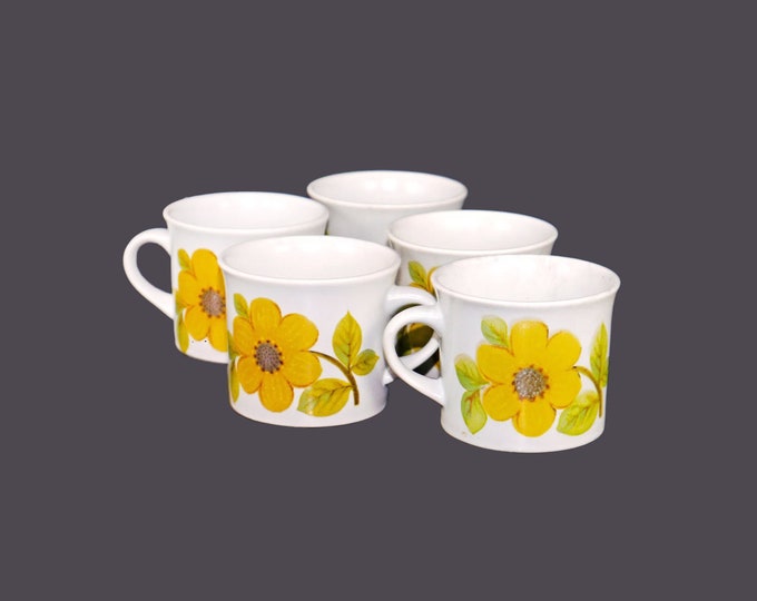 Five retro flower-power Royal Doulton Summer Days LS1002 stoneware coffee or tea cups only. Lambethware Stoneware made in England.