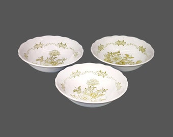 Three J&G Meakin Royal Staffordshire Hathaway Green coupe cereal bowls made in England. Flaw (see below).