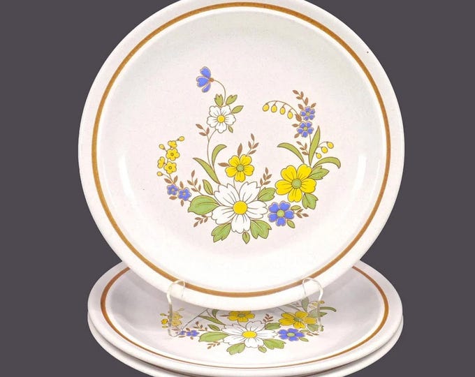 Three Nikko Mayflowers stoneware dinner plates. Color Stone stoneware made in Japan.