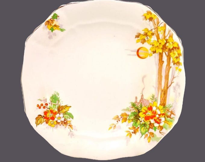 Antique Edwardian Age Alfred Meakin square luncheon plate made in England. Red crescent moon, tree, red yellow flowers.