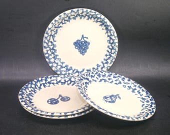 Vintage Tienshan Fruits Blue Stoneware Salad Plates. Folk Craft, Set of 4