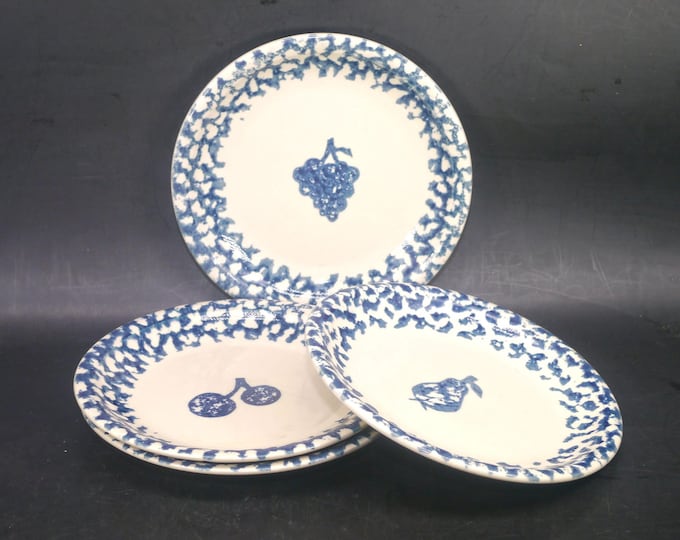 Four Tienshan Fruits Blue stoneware salad plates. Folk Craft Stoneware.
