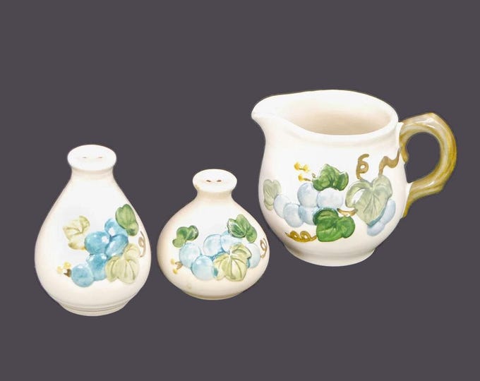 Metlox Sculptured Grape salt and pepper shakers and creamer jug. Metlox Poppytrail Vernon hand-painted stoneware made in the USA.