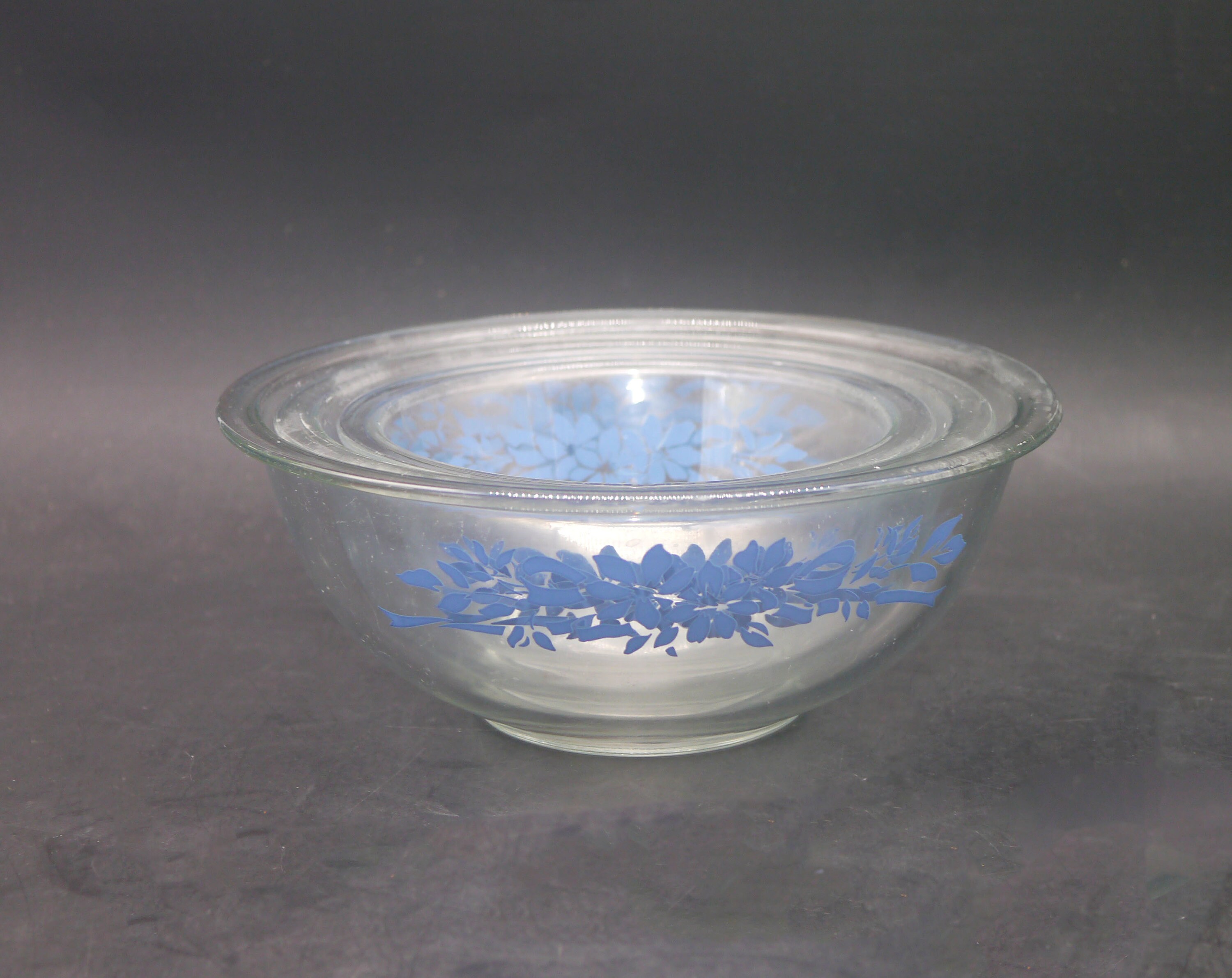 Three Pyrex PYR39 blueandwhite glass mixing bowls made in the USA