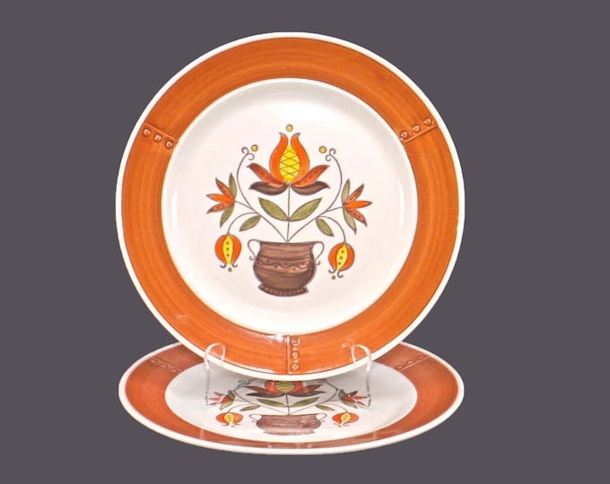 Pair of Metlox Poppytrail Provincial Flower Brown large stoneware dinner plates made in USA.