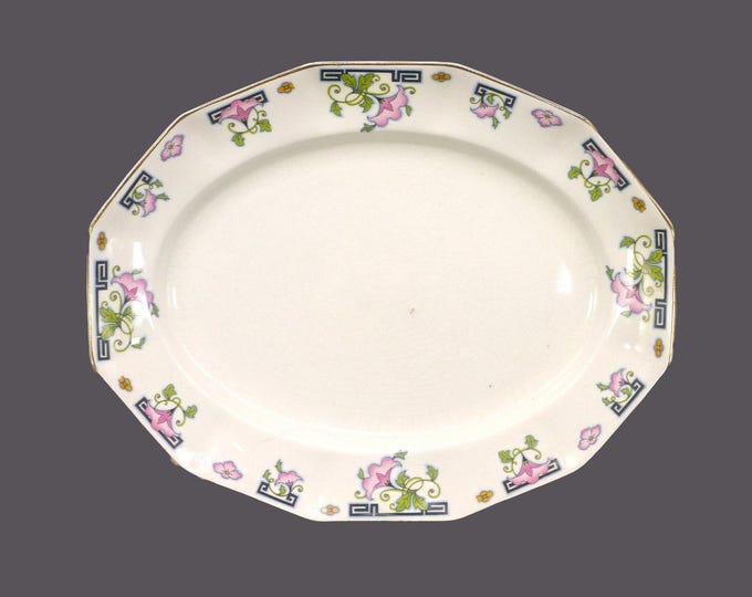 Antique Johnson Brothers JB197 multi-sided sandwich platter made in England. Pink flowers, black greek key.