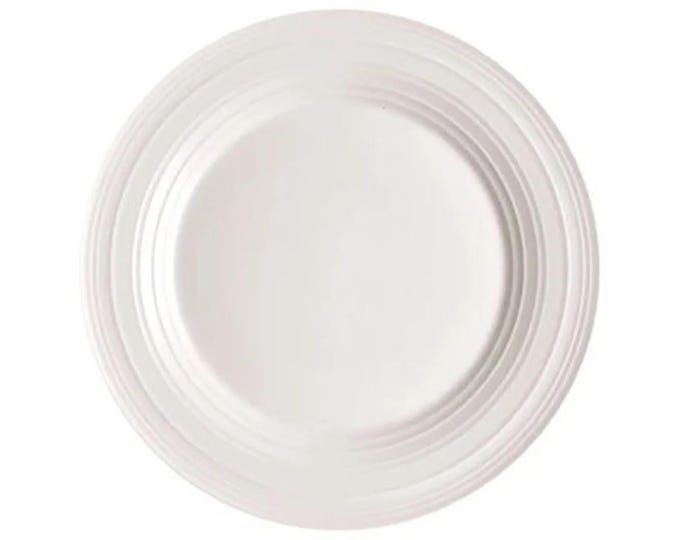 Mikasa Swirl White large bone china dinner plate. Chef's favorite all-white tableware, embossed rings.