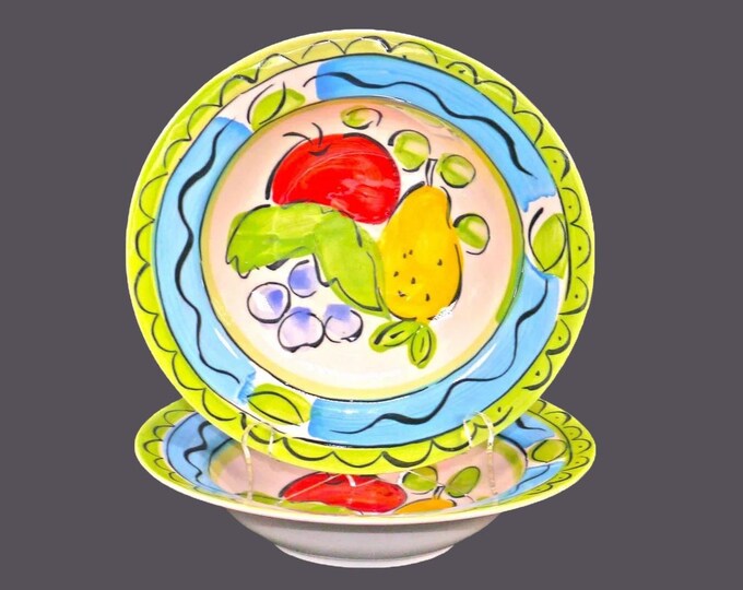 Pair of Sango Orchard 6103 rimmed stoneware soup bowls. Hand-painted fruit toile.